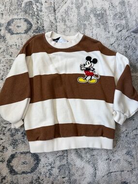 Zara Brown & White Striped Mickey Patch Sweatshirt